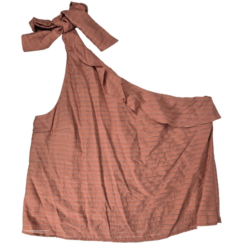 Nine West One Shoulder Tie Blouse LT Brown‎ Striped Ruffle Tank Top XL